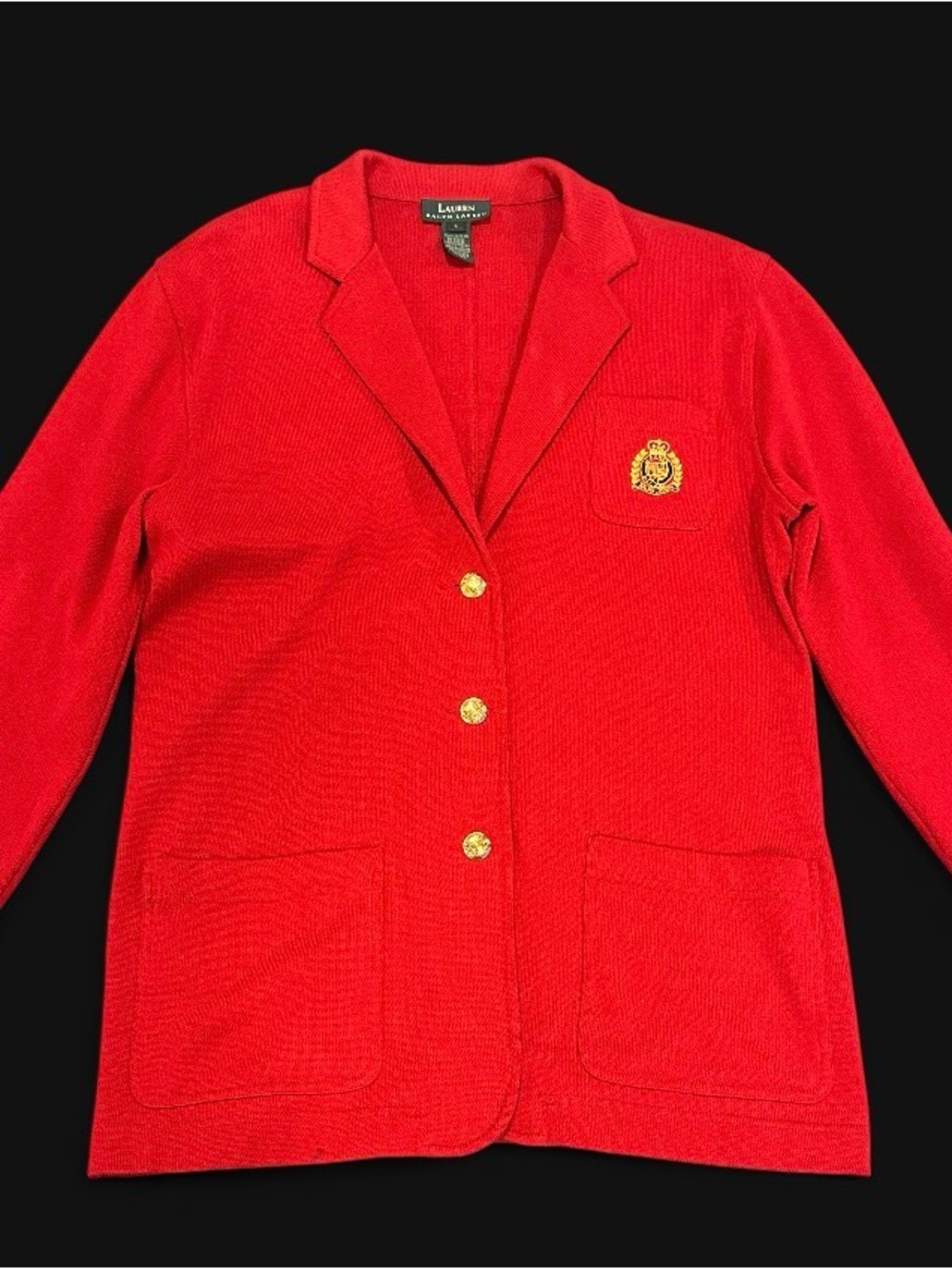 Lauren Ralph Lauren Red Knit Blazer with Gold Crest and Buttons